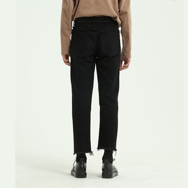 Pantalones vaqueros con dobladillo roto para hombre, ropa de calle de estilo coreano japonés, informal, Hip Hop, Vintage, para pareja