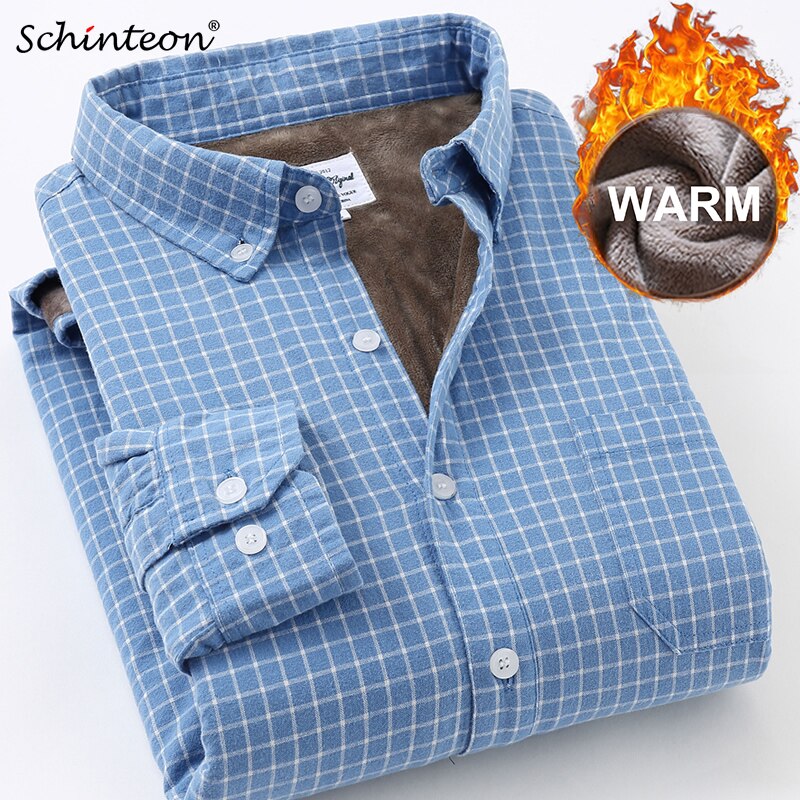 Schinteon mænd vinter varm skjorte 100%  slibende bomuld fløjl foer flannel bund plaid skjorte s -4xl top
