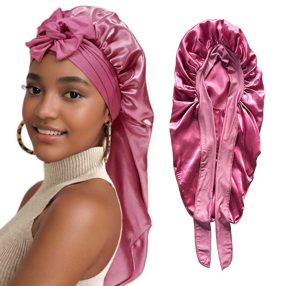 Lange Motorkap + Elastische Satijnen Haarband Set Lange Zijdeachtige Motorkap Om Te Slapen Met Brede Elastische Band Headwrap