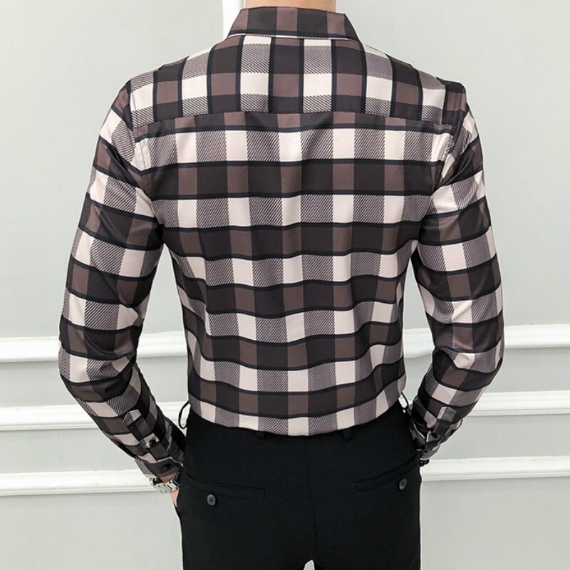 Camisa clásica a cuadros para hombre, camisas formales entalladas informales de manga larga para negocios, ropa de calle, ropa Social para hombre