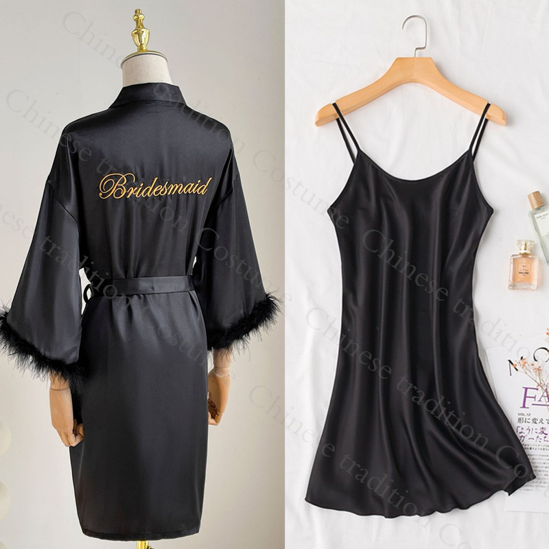 Robe de demoiselle d'honneur en Satin, Kimono, Lingerie intime, Sexy, manches plumes, peignoir, chemise de nuit, vêtements de nuit courts, taille unique