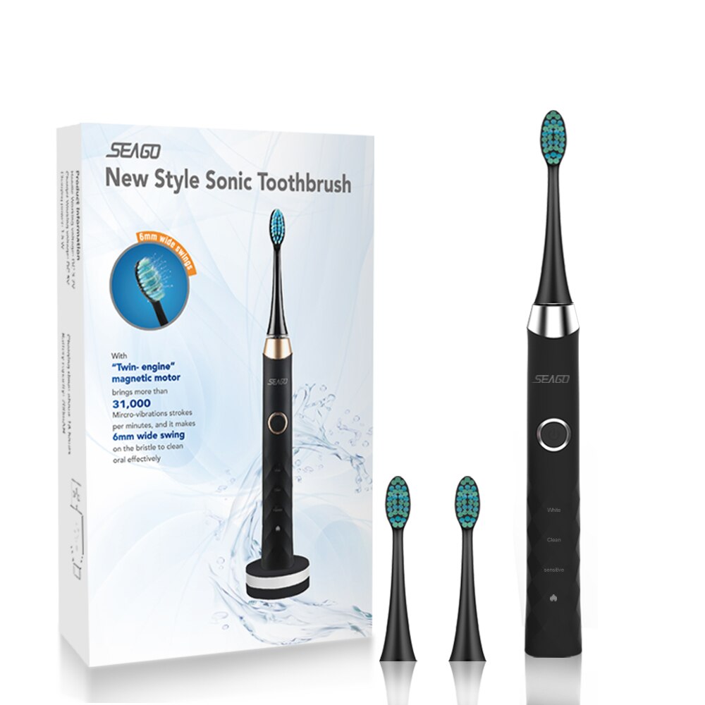 Seago Oplaadbare Elektrische Tandenborstel Sonic Volwassen Waterdichte IPX7 Automatische Tandenborstel Met 3 Opzetborstels Minnaar Familie