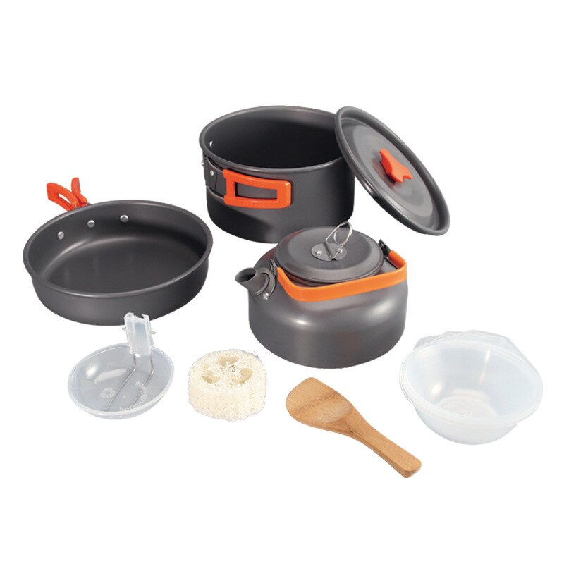 Camping Cookware Kit Outdoor Aluminum Cooking Set Water Kettle Pan Pot Travelling Hiking Picnic BBQ Tableware Equipment: Orange 9 set