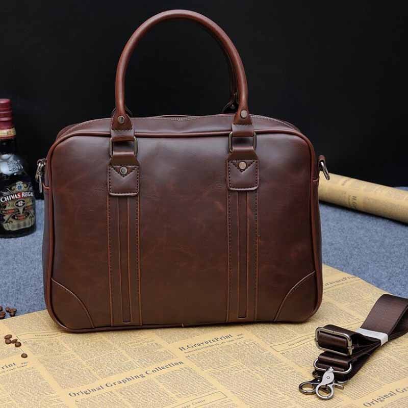 Men's business PU leather handbag briefcase mean handbag sacoche homme messenger bags laptop tote bag: Brown