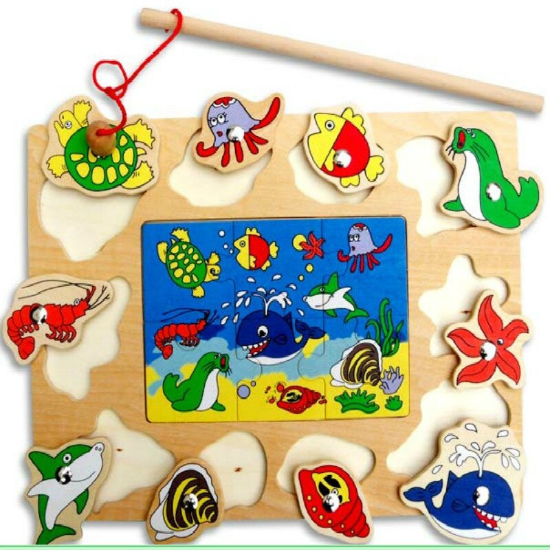 Kids Wooden Magnet Cat Fishing Toys Cartoon Puzzle Game Early Childhood Educational Wooden Toys