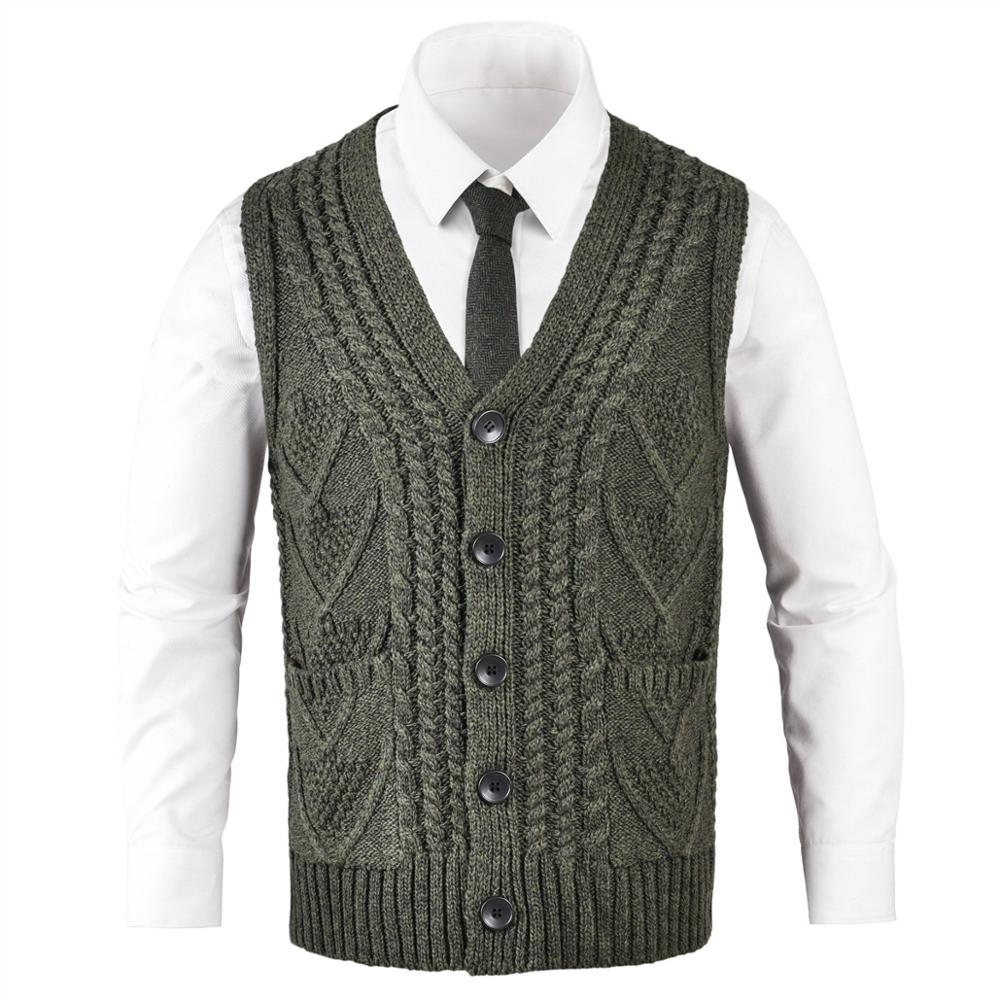 Fall Winter Ribbed Knit Casual Fit Sweater Vest Mens Knitted V-Neck Cable Aran Waistcoat 204: Green / M