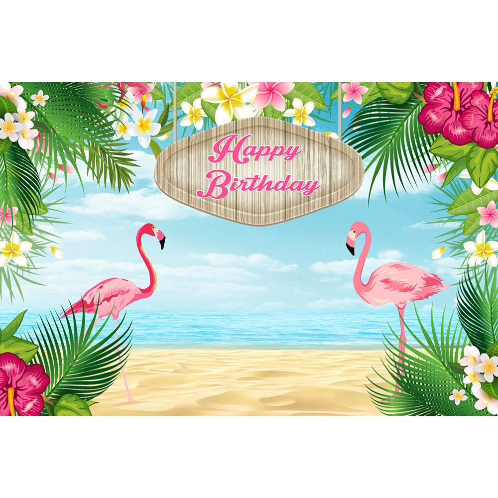 Gelukkige Verjaardag Flamingle Flamingo Hawaiian Verjaardagsfeestje Banner Achtergrond Tropische Strand Of Aloha Party Dessert Tafel Achtergronden
