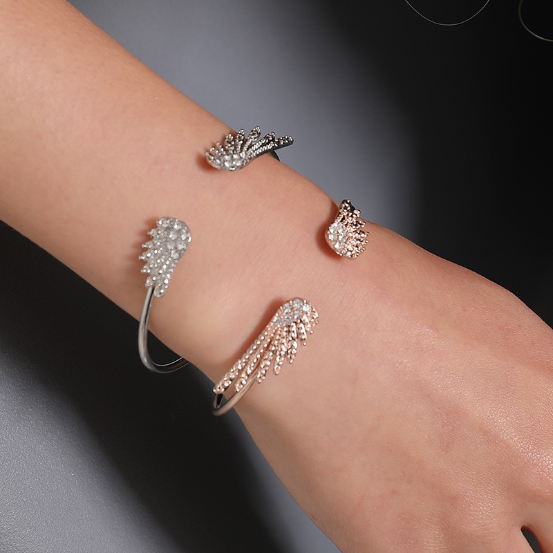 Angel Wings Armband Verstelbare Vrouw Legering Strass Sieraden Cadeaus Open Armband Verzilverd Crystal