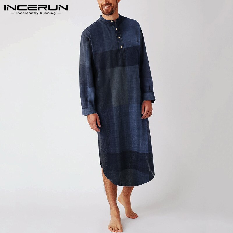 Man Mode Plaid Slaap Gewaden Gezellige Knoppen Nachtkleding Incerun Mannen Lange Mouw O Hals Nachtkleding Losse Katoenen Zakken Nachtjapon 5XL