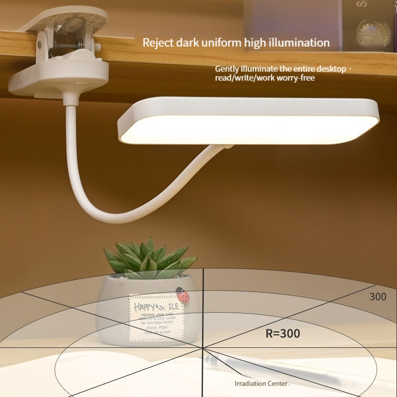 Bureaulamp met clipbevestiging en oogbescherming, oplaadbaar via usb en dimbaar led-licht, verstelbare studielamp voor studentenkamer of slaapkamer.