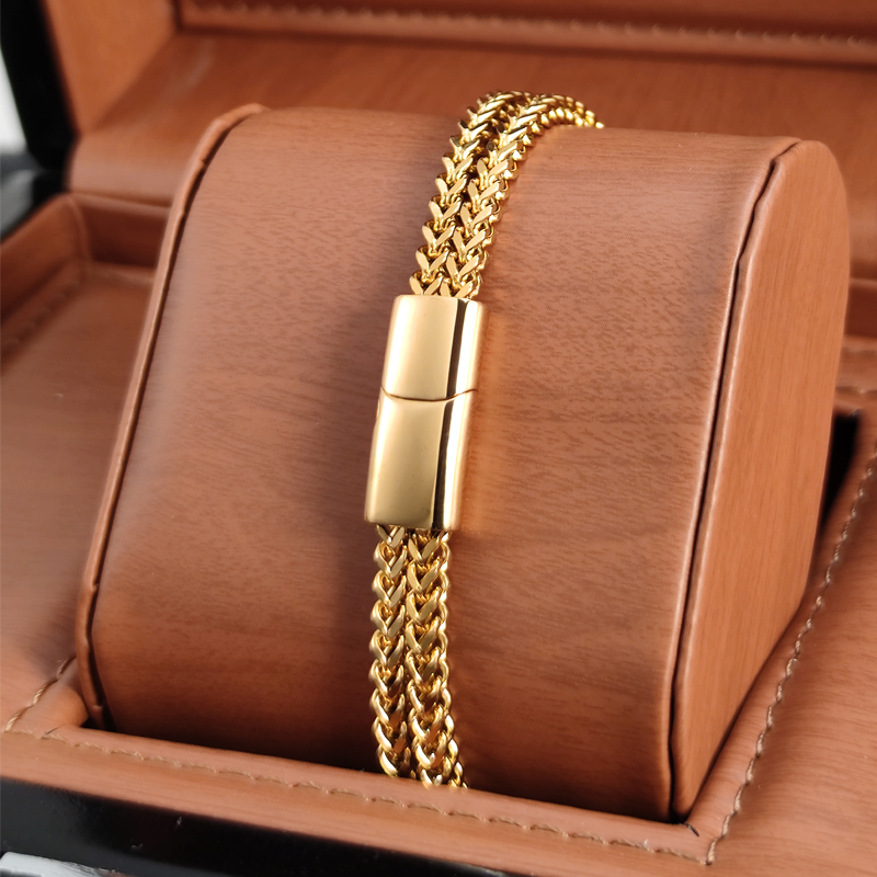 Pulsera de cadena dorada para hombres y mujeres, brazalete de eslabones cubanos de acero inoxidable, joyería de muñeca de de Hip Hop, 2025: 18,5 cm / Marrón rojizo