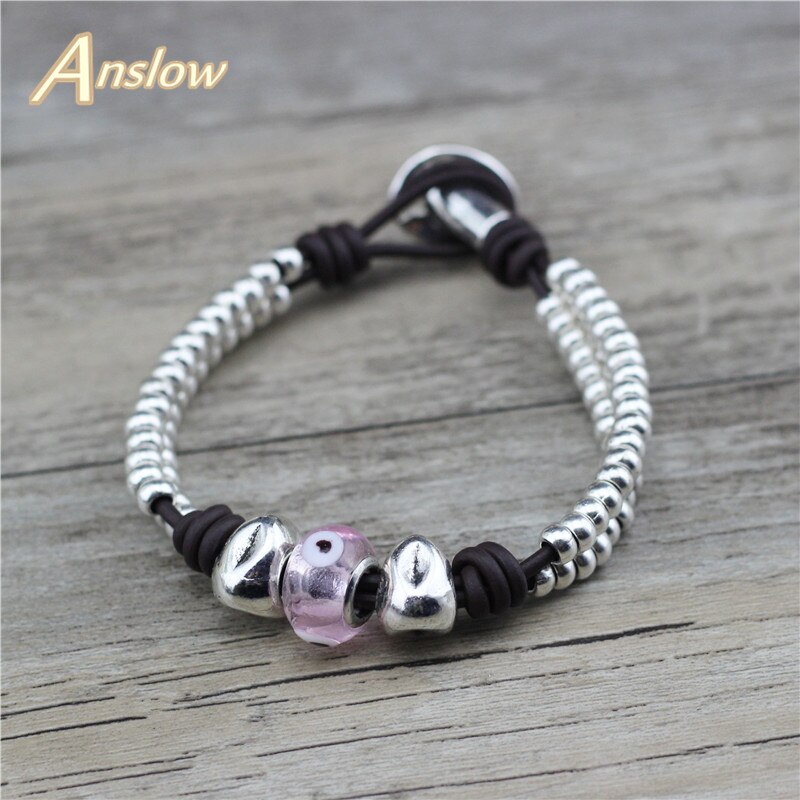 Anslow-Bracelet en cuir, bijoux faits à la main, verre à faire soi-même perles, accessoire pour les Couples, de saint-valentin LOW0812LB: Pink