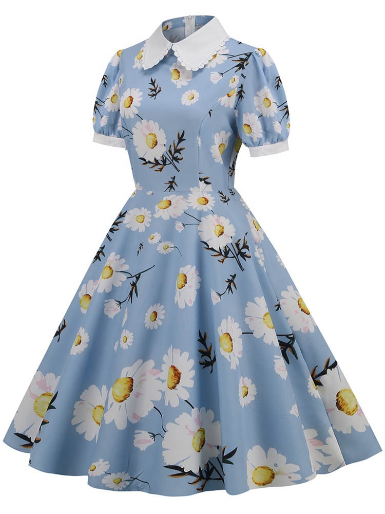 Floral Printed Summer Dress for Women Peter Pan Collar Vintage Midi Sundress Casual Party Dress with Puff Short Sleeves