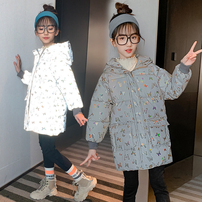 4-13Yrs Girls Parka Winter Coat Padded Jackets For Children Reflective Butterfly Print Hooded Warm Cotton Outerwear