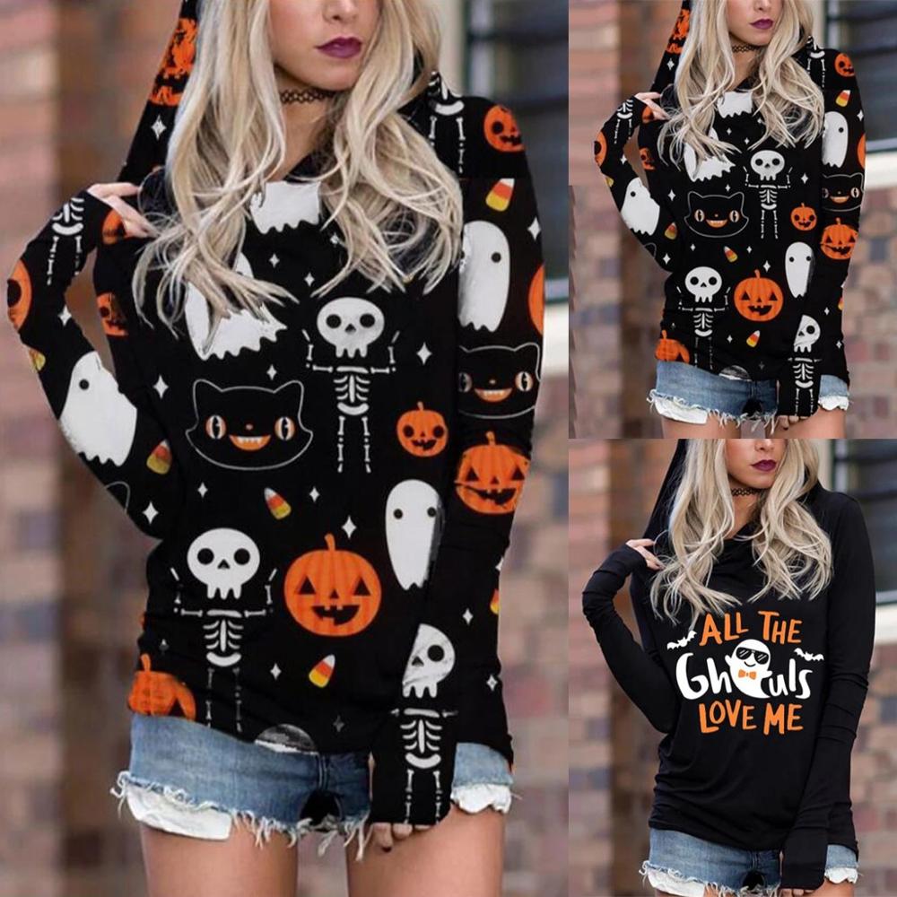 Halloween kostume kvinder hættetrøje halloween printet spøgelsesgræskar skjorter med hætte lange ærmer toppe halloween kostumer til kvinder