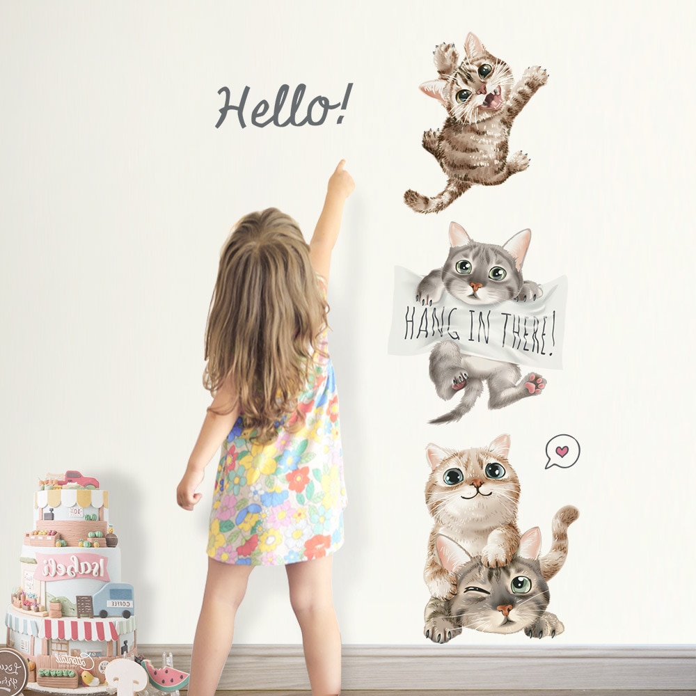 Vier Leuke Kat Muursticker Kinderen Kinderkamer Home Decoratie Verwijderbare Behang Woonkamer Slaapkamer Muurschildering Kitty Stickers