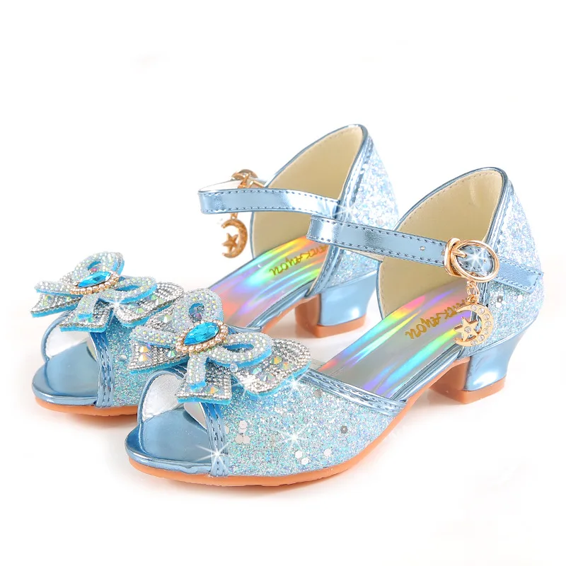 Sandalias de verano para niñas con tacón, zapatos con purpurina brillante y diamantes de imitación a la , zapatos de baile con perlas y pajarita de princesa para niños H876: Azul / 32