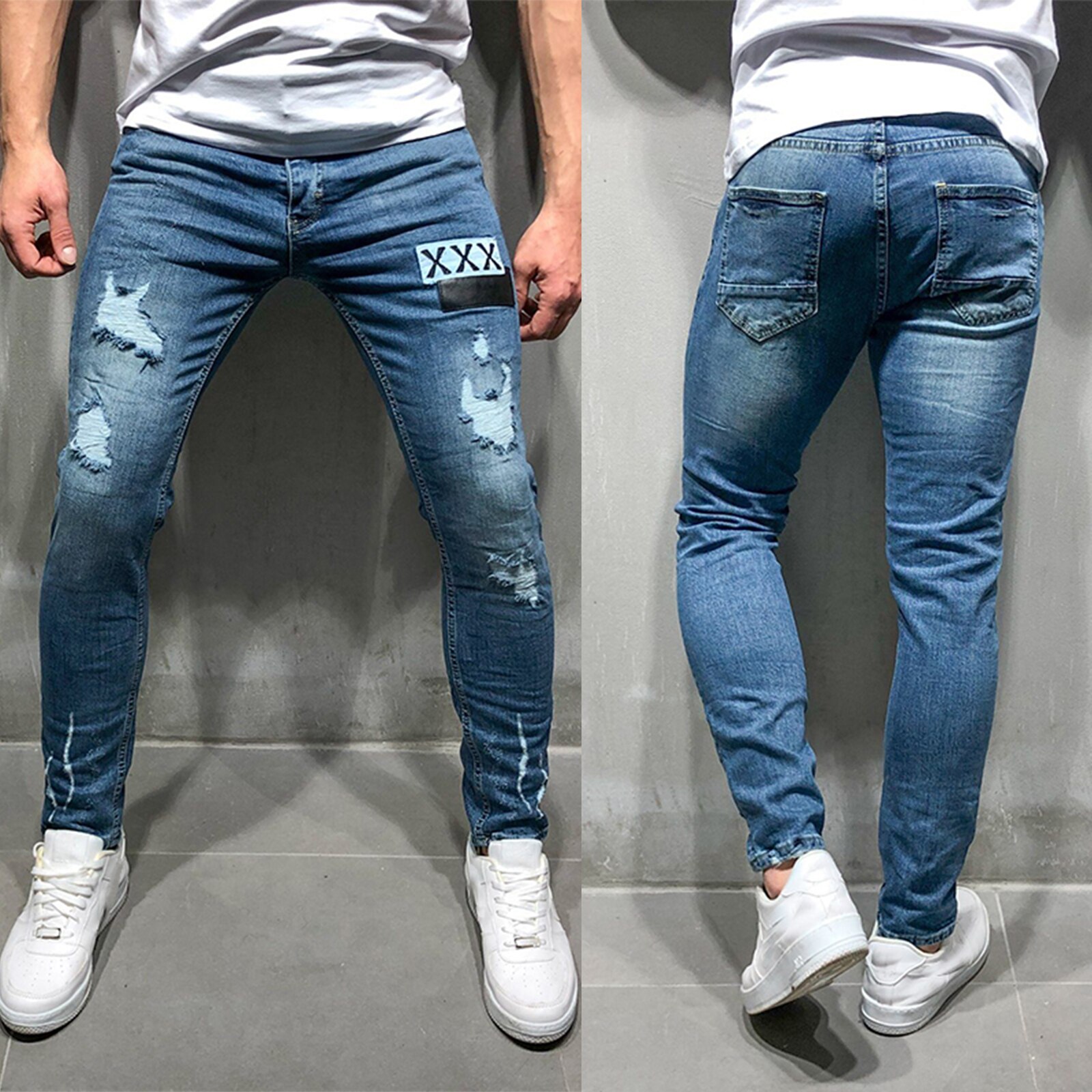 Sknny jeans mænds tøj hul lige ben skinny jeans revet denim bukser afslappet bukser mænd bukser