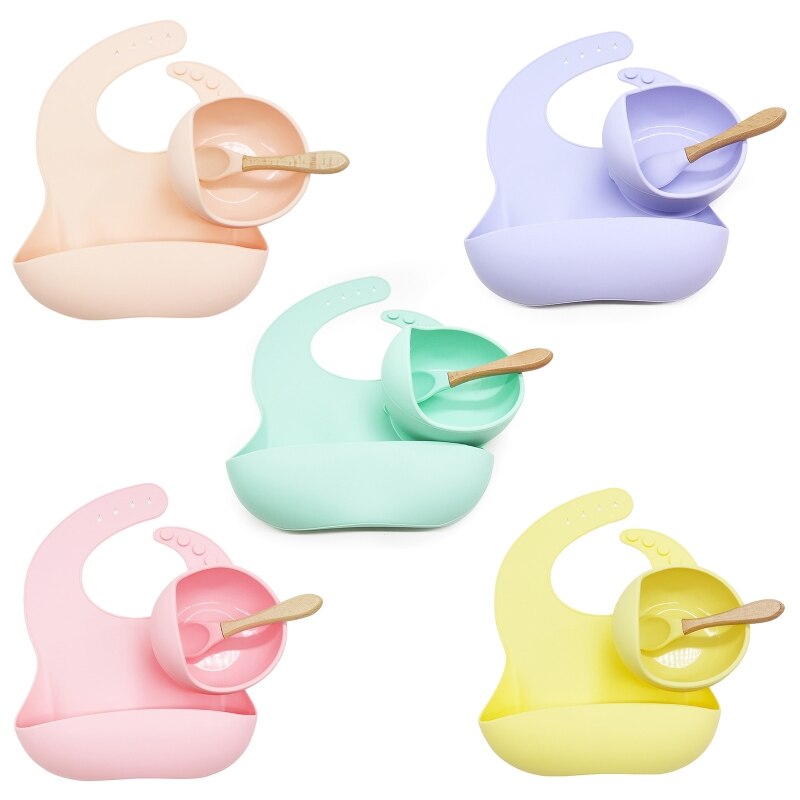 3 Pcs Baby Newborn Bibs+Suction Dish Bowl Plate+Spoon Set Feeding Tableware Kit Q1FE
