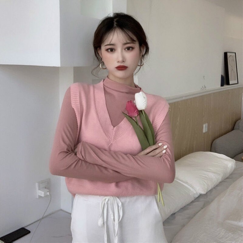 Sweater vest kvinder teenagere trendy ærmeløs tøj strikning beskåret afslappet pasform løst falder all-match solid mujer basic
