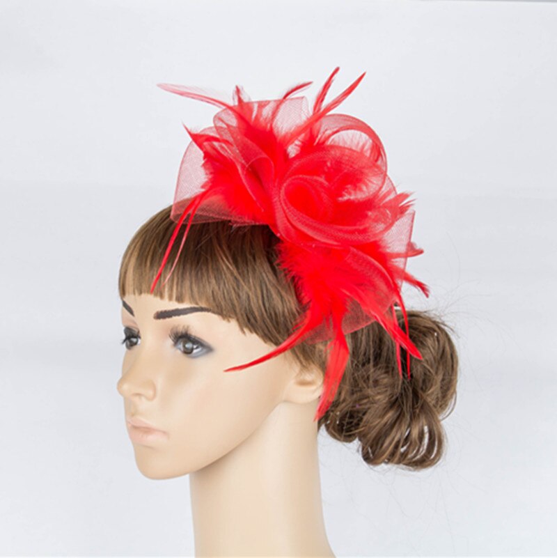 Wonderful color crinoline fascinator headwear feather colorful mesh party show hair accessories millinery cocktail hats MYQ053: Red