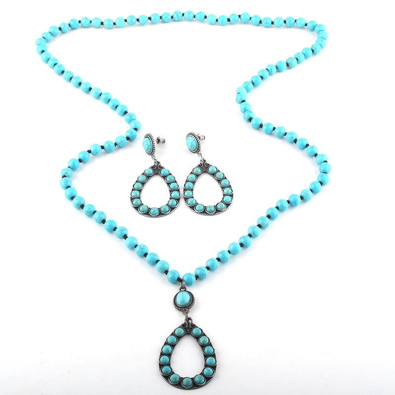 RH Boho Jewelry Set White / Blue Long Knotted Necklace Earring Set Women