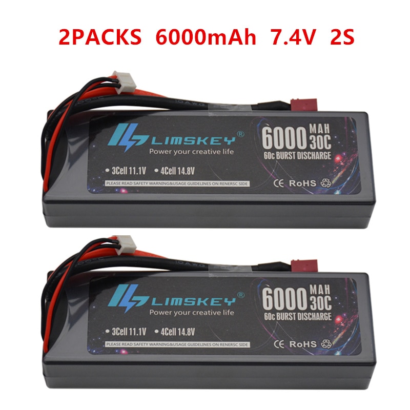 2 enheter limskey 6000 mah lipo batteri 7.4v 30c 2s lipo rc batteri med dekanplugg för rc evader bx bil lastbil truggy buggy helicopt: 2 förpackningar