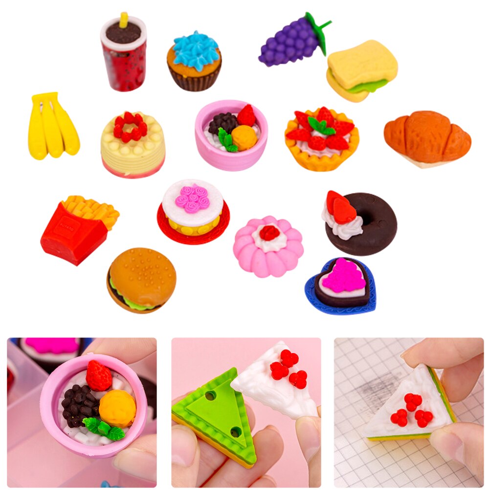 15pcs Kid Assorted Food Erasers Food Theme Erasers Cake Fruit Erasers (Random Style)