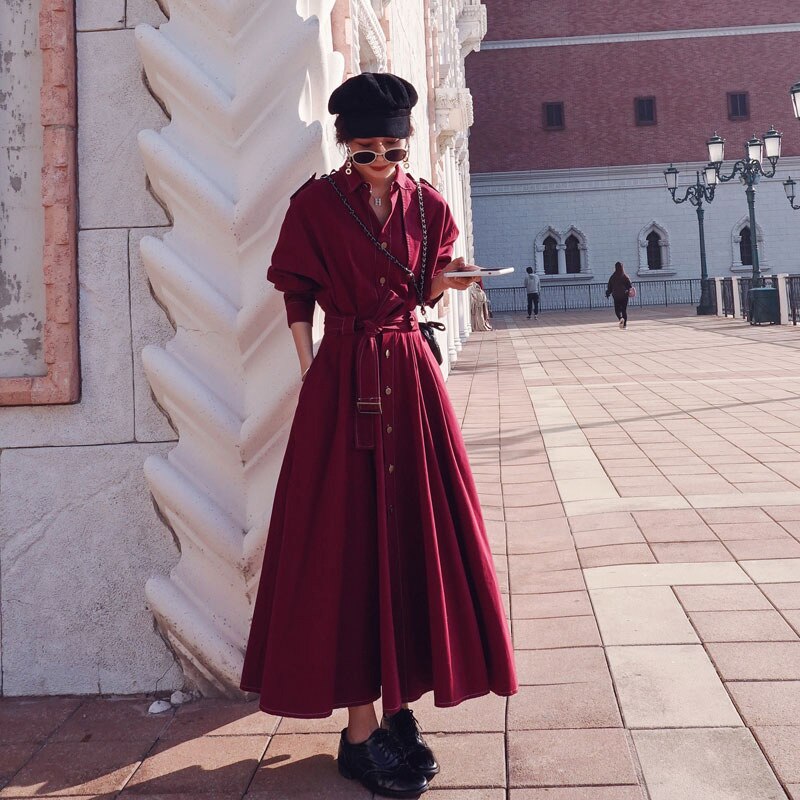 herbst Frauen Lange Kleid Drehen Unten Langarm Frauen lässig max Kleid Mit Gürtel Graben Stil Frauen Kleid Vestidos