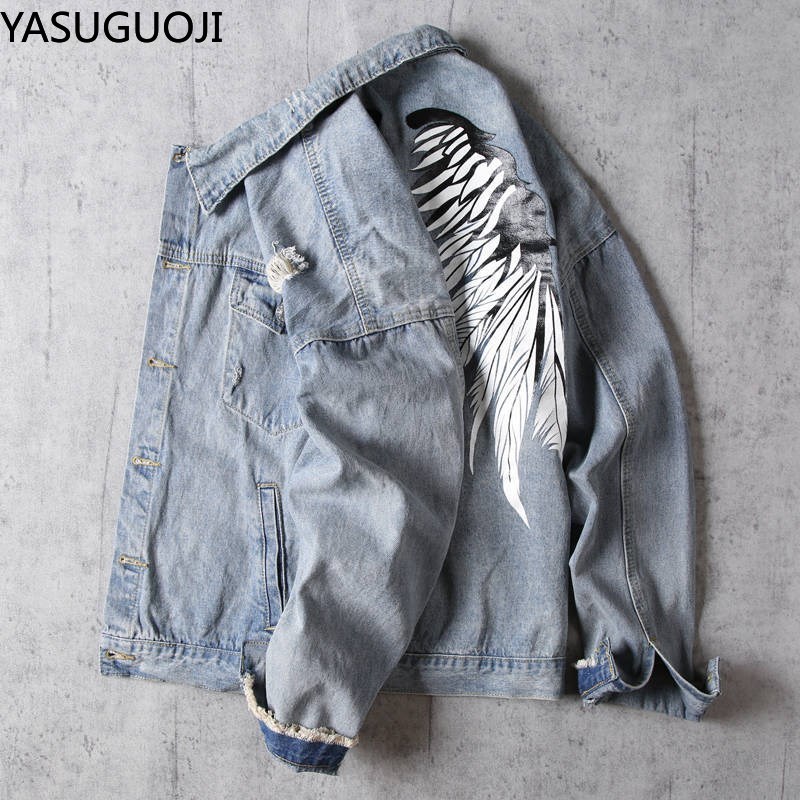 Yasuguji-chaqueta vaquera con estampado de alas para hombre, abrigo vaquero con agujeros rasgados, color azul claro, nueva prenda lavada,