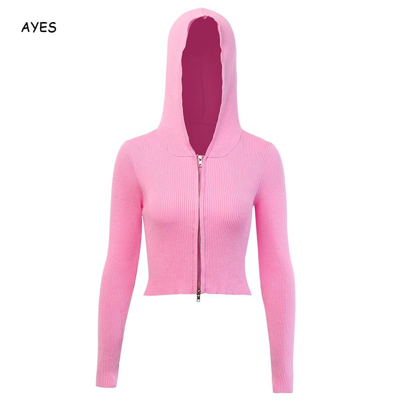 Pink dame cardigan  y2k strik sweater slim crop top v-hals lynlås lange ærmer outwear hættetrøje korte striktrøjer