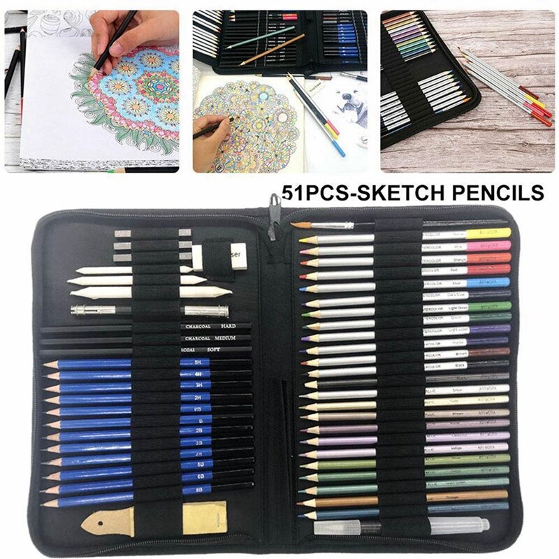 -51Pcs/Set Drawing Kit Wood Pencil Sketching Pencils Art Sketch Painting Supplies with Carrying Bag