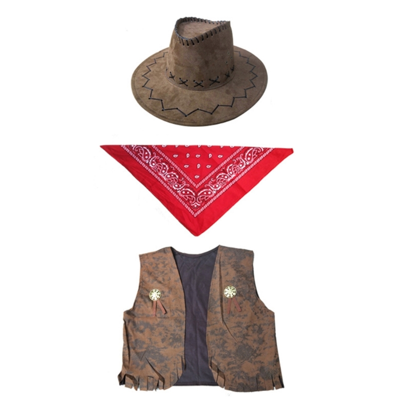 Klassische Cowboy-Kostüme, einschließlich Cowboy-Hut, Westen, Schal, bequemes Tragen für Männer und Frauen, Halloween, Party, Cosplay