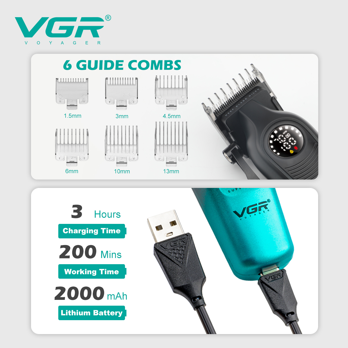 VGR 196 gradient color men's hair trimmer, high-end hair trimmer, intelligent digital display, electric hair clipper, home elect