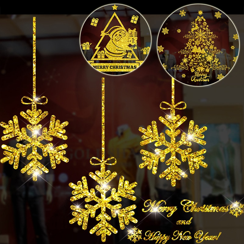 Glänzende Gold Weihnachten Baum Fenster Aufkleber Santa Fahrt Weihnachten Girlande Zauberstab Decals Neue Jahr Schaufenster Aufkleber Schneemann Wohnkultur
