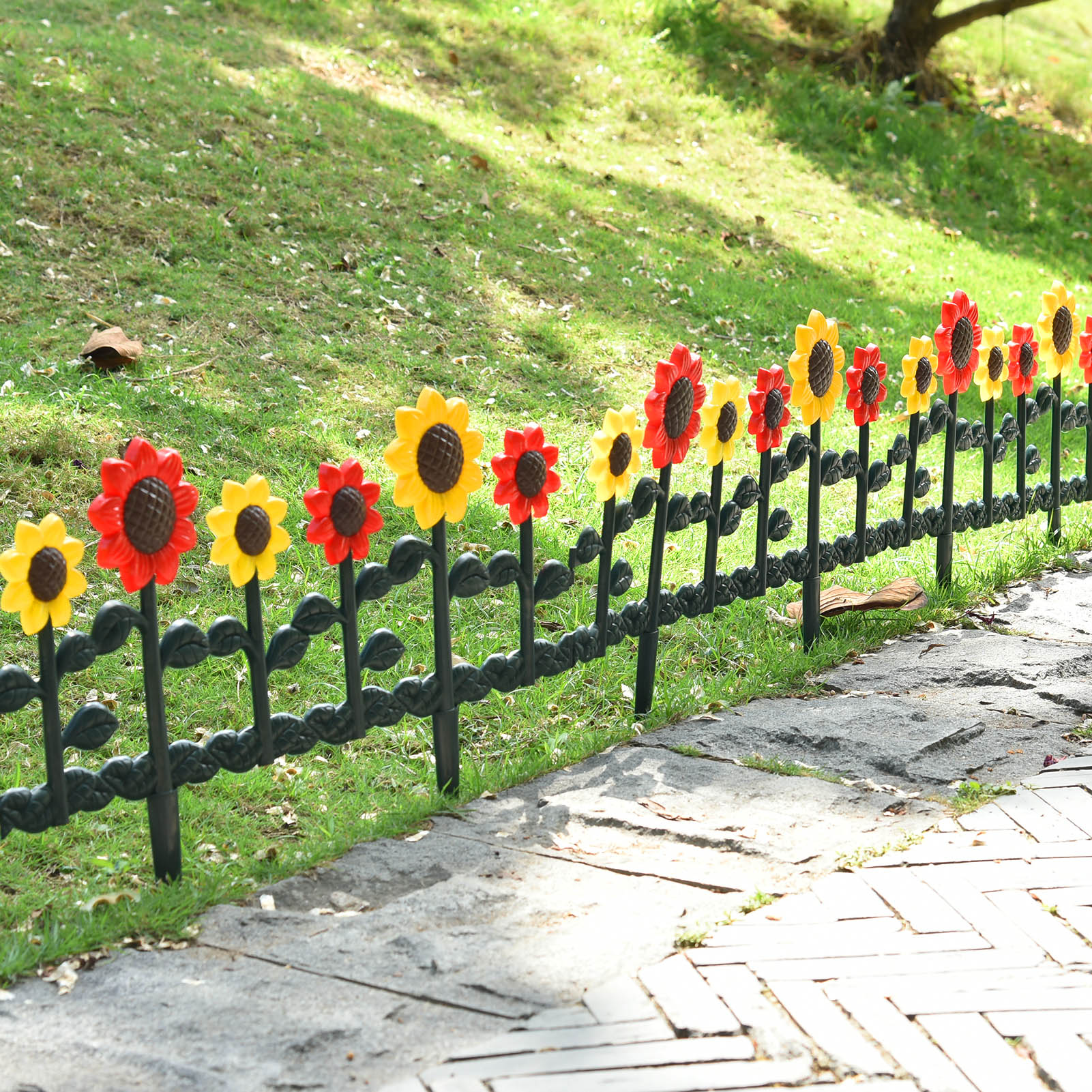 5pcs Garden Picket Fence Removable Sunflower Fence Home Garden Fence Outdoor Plastic Flowerbed Fence PP Material Total Length 3m