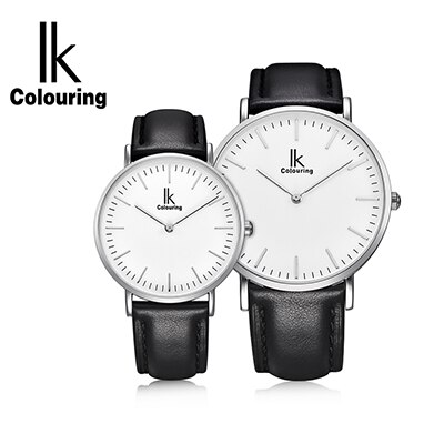 IK colouring Couple montre Simple boîtier Ultra mince japon mouvement à Quartz bracelet en cuir montre-bracelet des amoureux
