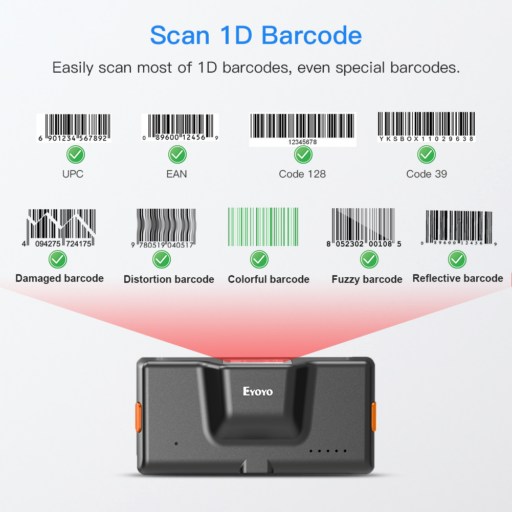 Eyoyo Back Clip Bluetooth Barcode Scanner Phone Portable Bar Code Reader 1D Scanner Android IOS System Fast &amp; Accurate Scanning