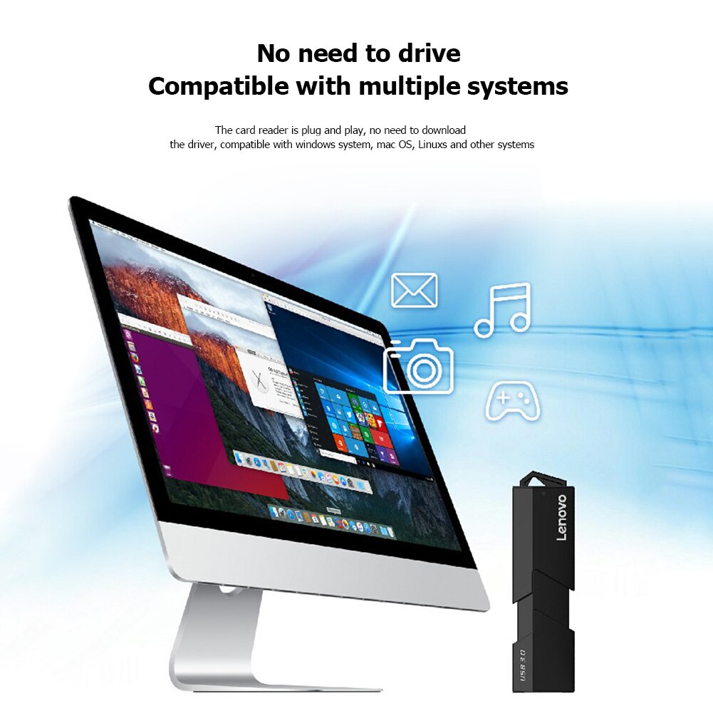 Lenovo D204 Portable 5Gbps USB 3.0 Card Reader 2 in 1 SD TF Memory Cards Adapter for Computer PC