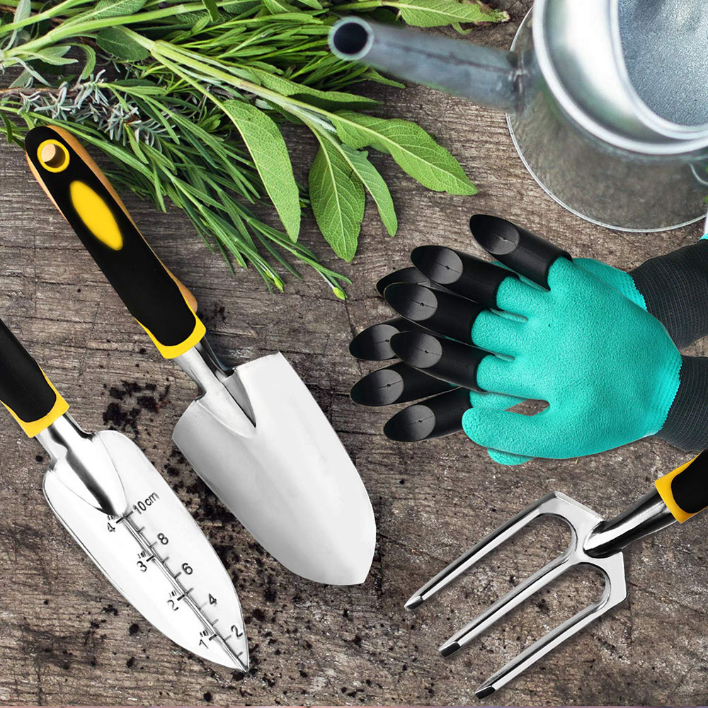 Gartenwerkzeug-Set, 4er-Pack mit Kelle, Cultivator-Handrechen, Transplantationskelle, Gartenhandschuhe zum Jäten, Bodenlockerung