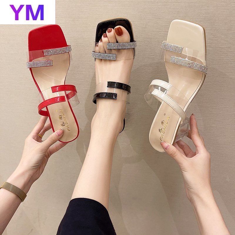 Red PVC Jelly Crystal Sandals Open Toed High Heels Women Transparent Heel Sandals Square Heel Zapatos Sandals Women