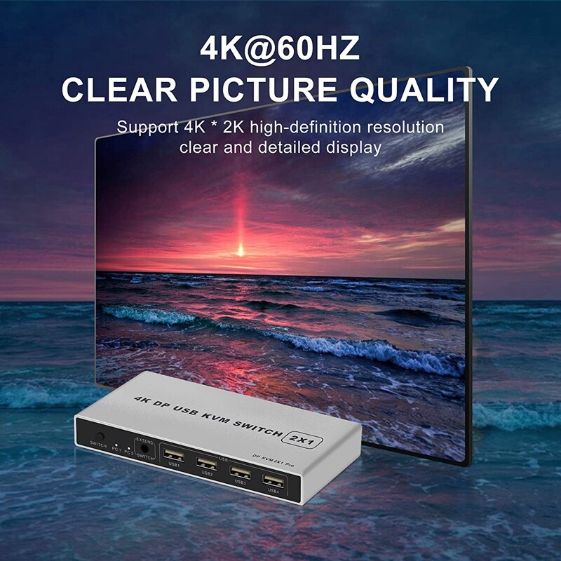 KVM Switch 2 Port 4K 60Hz USB and DP Switch for 2 Computers Share Keyboard Mouse Printer Monitor for Laptop,PC, HDTV