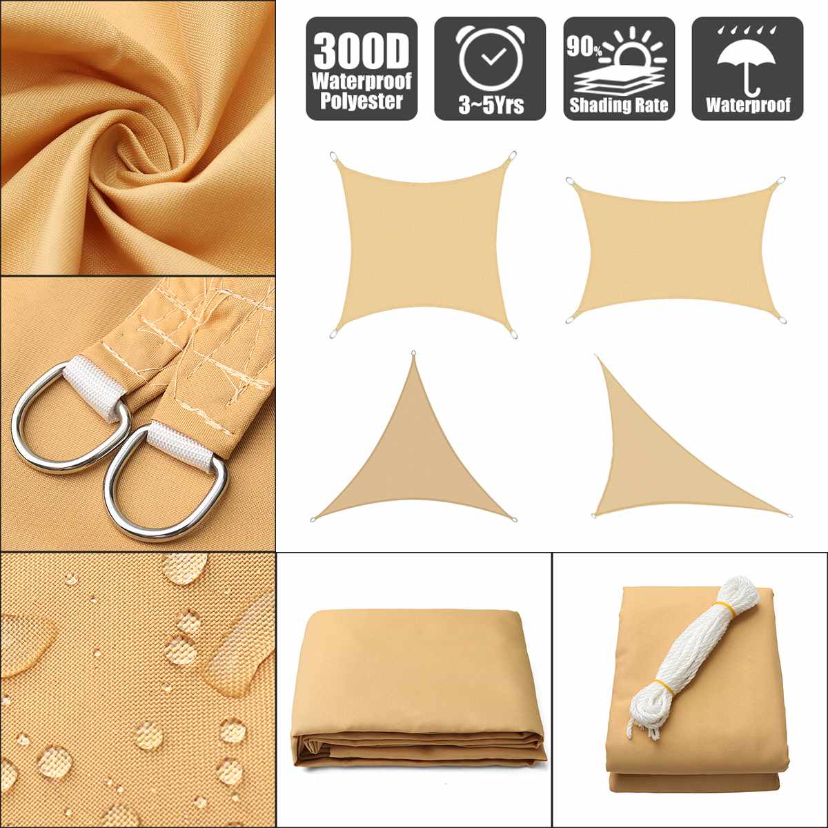 300D Waterproof Sun-Shelter SunShade Sail Outdoor Rectangle Shade Sail Garden Canopy Yard Sail Beach Awning Shade Light Beige