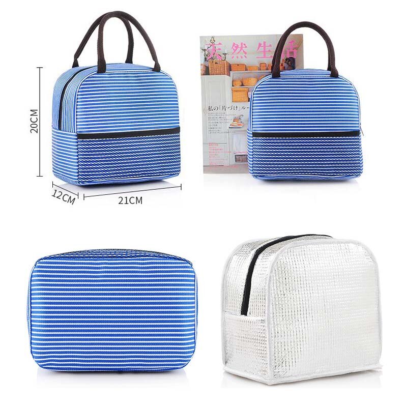Bolsa térmica a rayas para niños, bolsas de almuerzo térmicas de aislamiento, portabotellas impermeable Madeira, Bolsa de almacenamiento de alimentos, Hobos