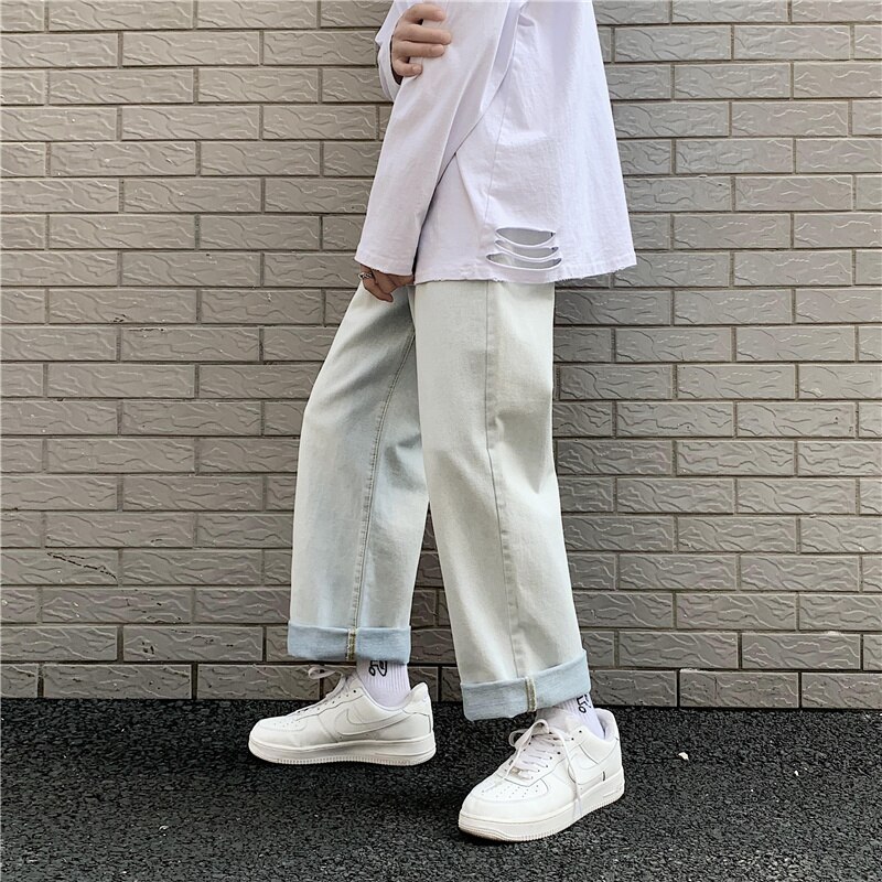 Heren jeans plus size 3xl koreaanse stijl effen mid-waist lang recht modieus gewassen bf losse studenten all-match denim broek: M