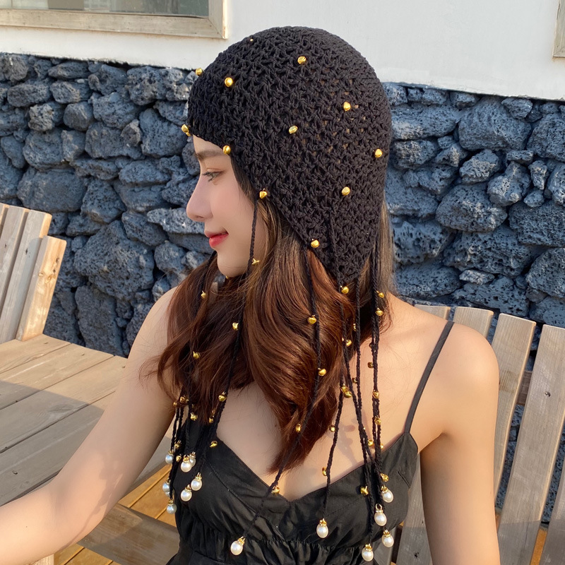 Gorro de punto de para mujer, gorro de ganchillo con perlas, Vintage, con borlas, para todas las estaciones, ZZ-386
