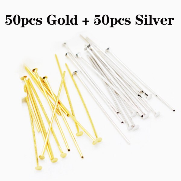 Alfiler de cabeza plana de acero inoxidable, accesorios para fabricación de joyas, lámpara, cuentas, DIY, 40mm, 100 unids/lote: 50 Gold 50 Silver