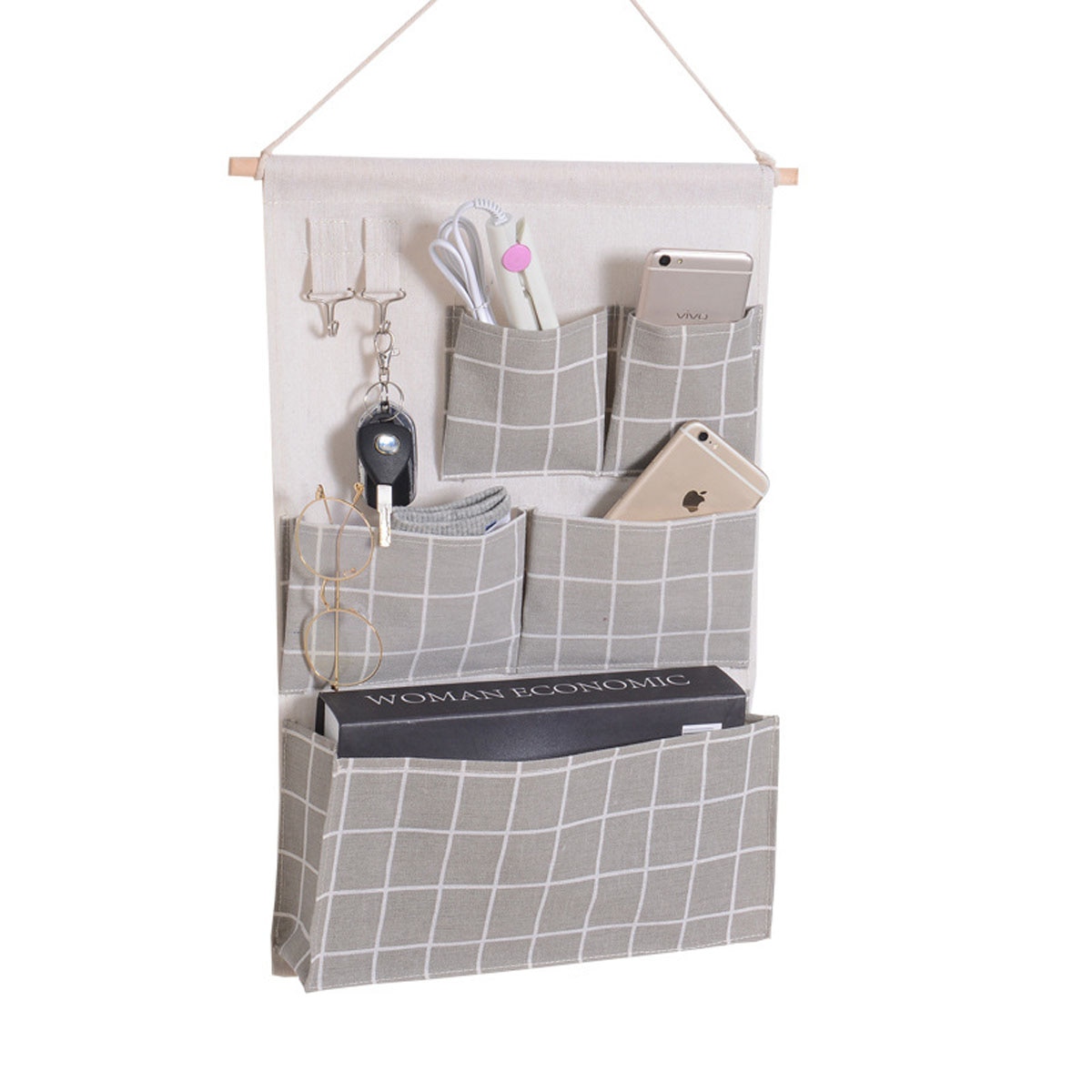 Plaid Hanging Bag Wall Closet Storage Bag with 5 Pockets and and 2 Hooks Bathroom Organizer