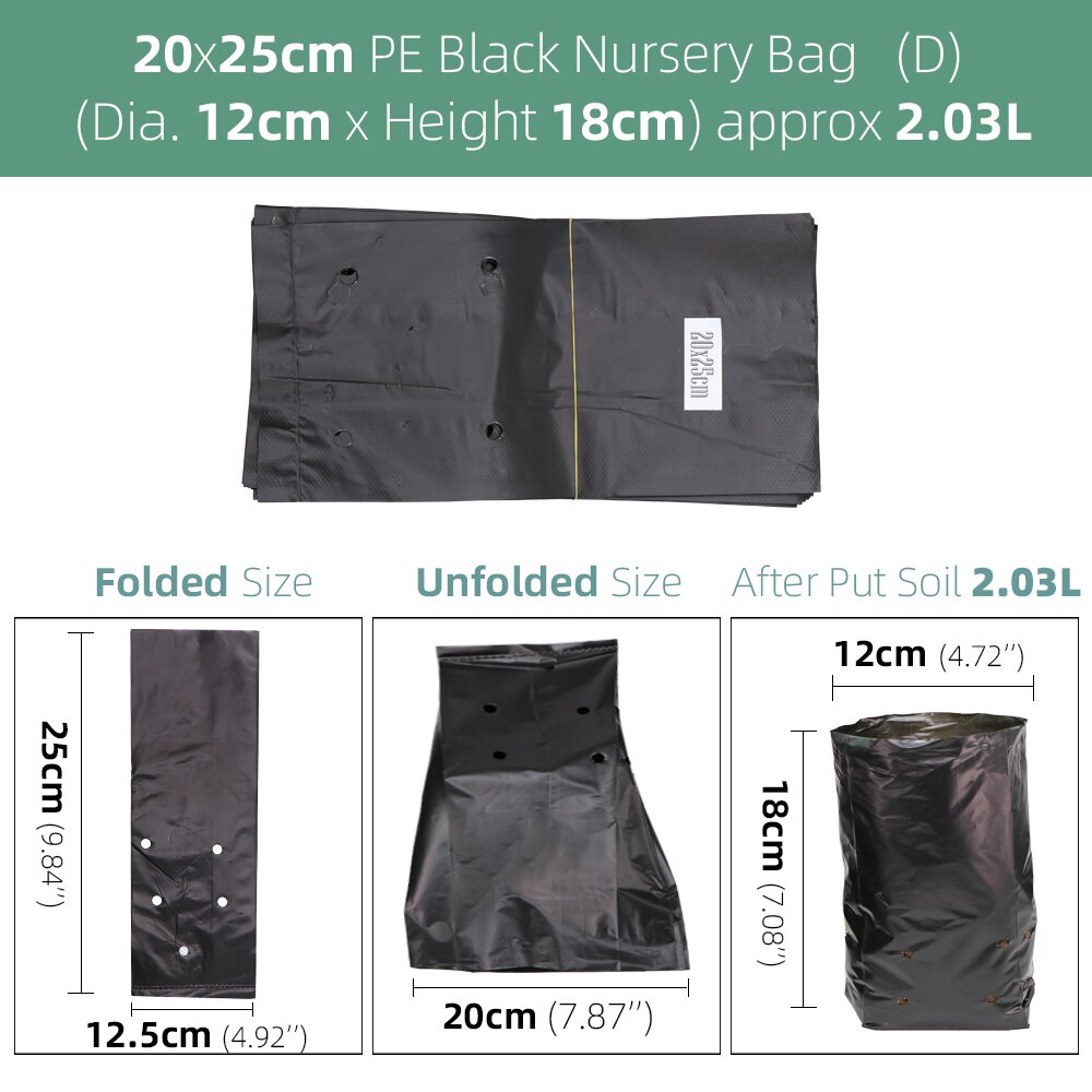 Bolsas de plástico de polietileno para vivero, macetas de cultivo de plantas de tela con agujeros transpirables para cultivo doméstico, suministros de jardinería, color negro, 100 piezas: Black 20x25cm