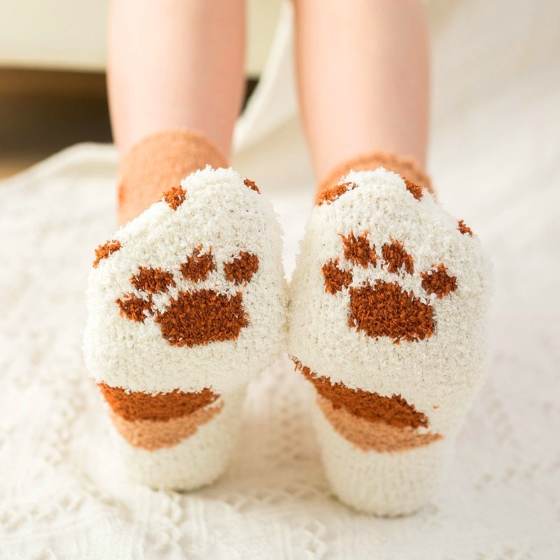 Calcetines de lana de Coral para mujer, medias de tubo Kawaii, con garras de gato, gruesos y cálidos para dormir, para otoño e invierno, 1 par, novedad